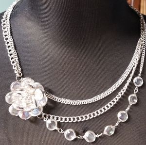 Stunning Silver and Jeweled 3 Layers Necklace with Jeweled Flower